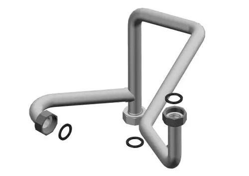 Bosch Vorlaufrohr aus Metall mit zwei Gewindeanschlüssen und mehreren Dichtungen, ausgelegt für die Verbindung in Heizungs- oder Wasserleitungssystemen.